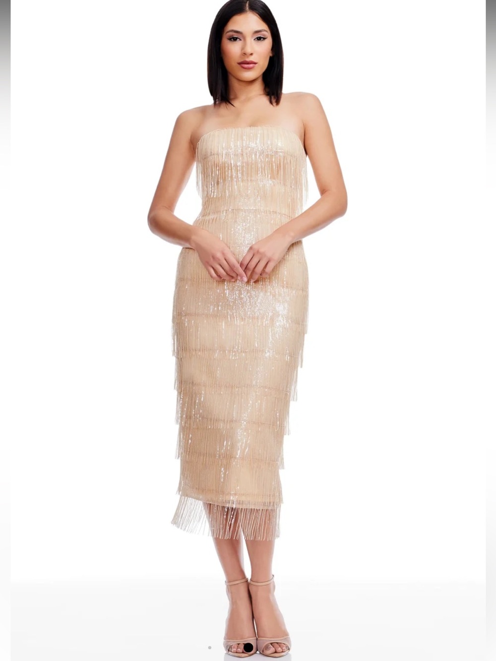 NWT Dress The Population Viviana Shimmering Sequin Fringe Midi Dress M